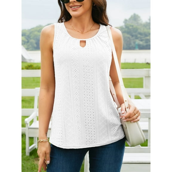 Sociala Womens Flowy Eyelet Embroidery Sleeveless Tank Tops with Built in Bras