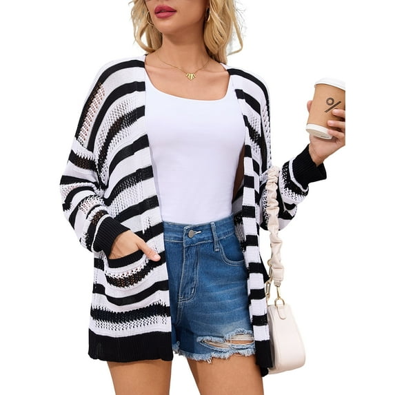 Sociala Womens Hollow Out Cardigan Sweater Open Front Long Sleeved Sweater with Pockets
