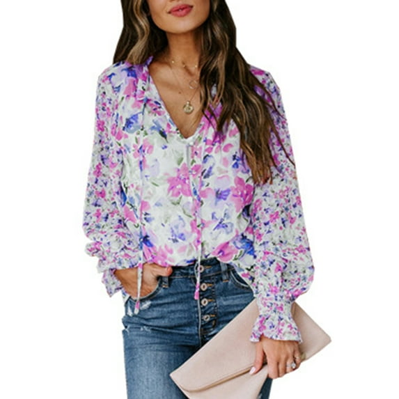Sociala Womens Long Sleeve Tops Boho Floral Printed Blouses Casual V Neck Peasant Shirts