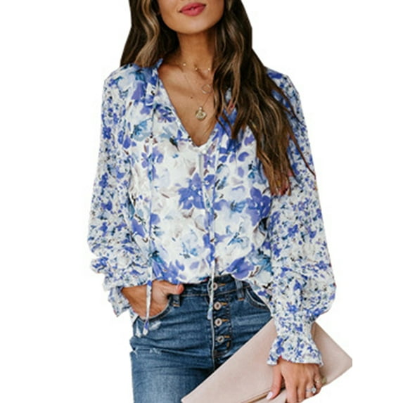 Sociala Womens Long Sleeve Tops Boho Floral Printed Blouses Casual V Neck Peasant Shirts