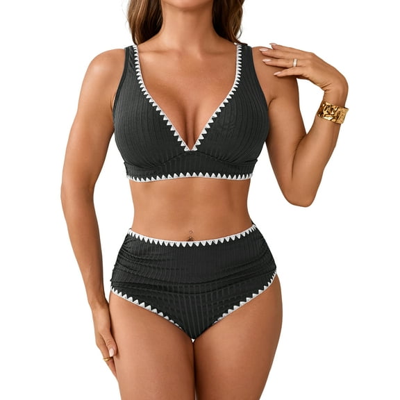 Sociala Womens Ribbed Ruched V Neck Bikini Sets Shell Two Piece Bathing Suit