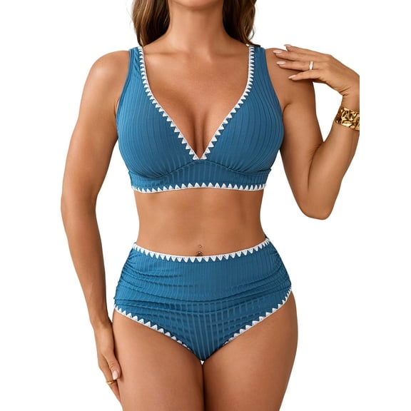 Sociala Womens Ribbed Ruched V Neck Bikini Sets Shell Two Piece Bathing Suit