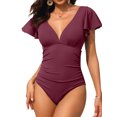 thumbnail image 1 of Sociala Womens Ribbed V Neck Swimwear for Womens Ruffled Tummy Control Monikini Swimsuit, 1 of 5