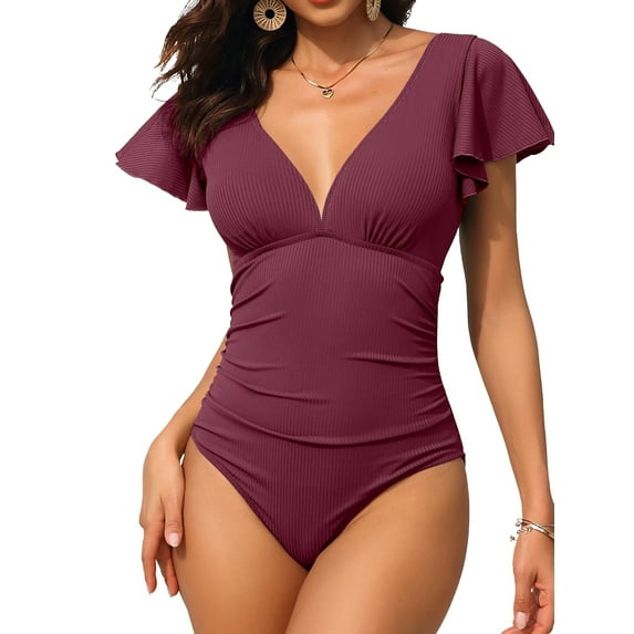 Sociala Womens Ribbed V Neck Swimwear for Womens Ruffled Tummy Control Monikini Swimsuit