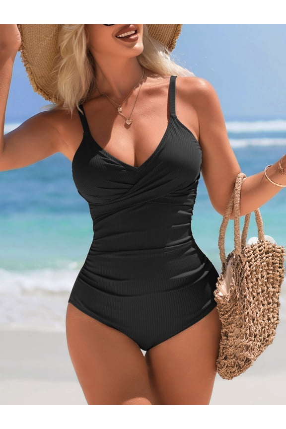 Womens Sexy V Neck Swimwear High Cut Ribbed One Piece Swimsuit