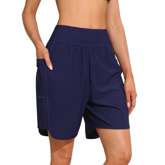 Sociala Womens Solid Swim Boardshorts High Waisted Sporty Swimsuit Bottoms with Pockets