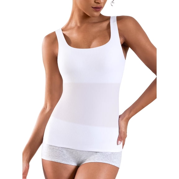 Sociala Womens Square Neck Tank Top with Built-in Bra Ribbed Seamless Camisole Slim Fitted Camis Shirts