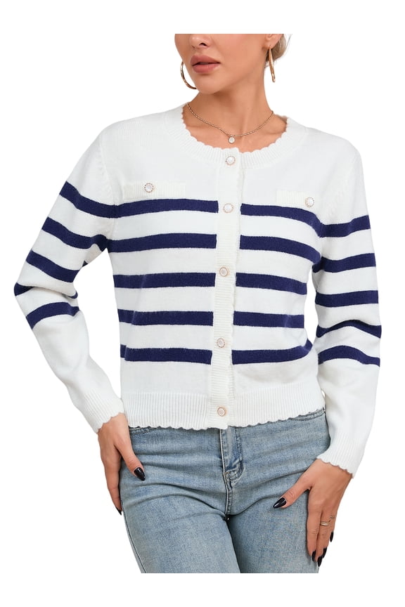 Womens Striped Coat Button Down Long Sleeve Open Front Cardigan Sweater