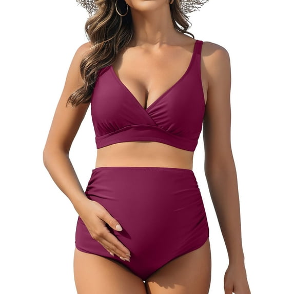 Sociala Womens Two Piece Maternity Swimsuit V Neck Bikini Sets Ruched Bathing Suits
