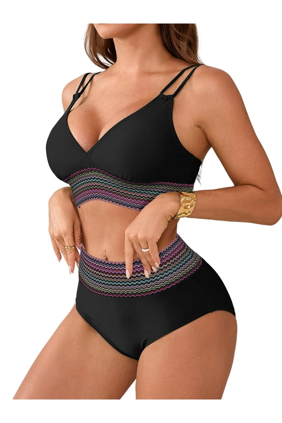 Womens Two Straps Bikini Sets Color Blocked High Waisted Tummy Control Two Piece Bathing Suit