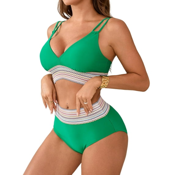 Sociala Womens Two Straps Bikini Sets Color Blocked High Waisted Tummy Control Two Piece Bathing Suit