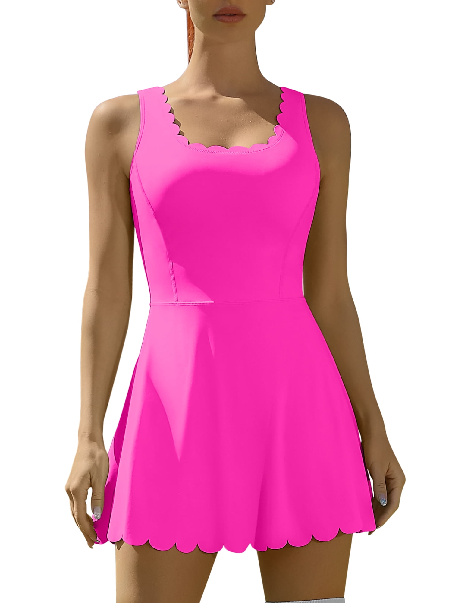 Sociala Womens Workout Athletic Golf Dresses Scallped Trim Tennise Dress with Shorts and Pockets