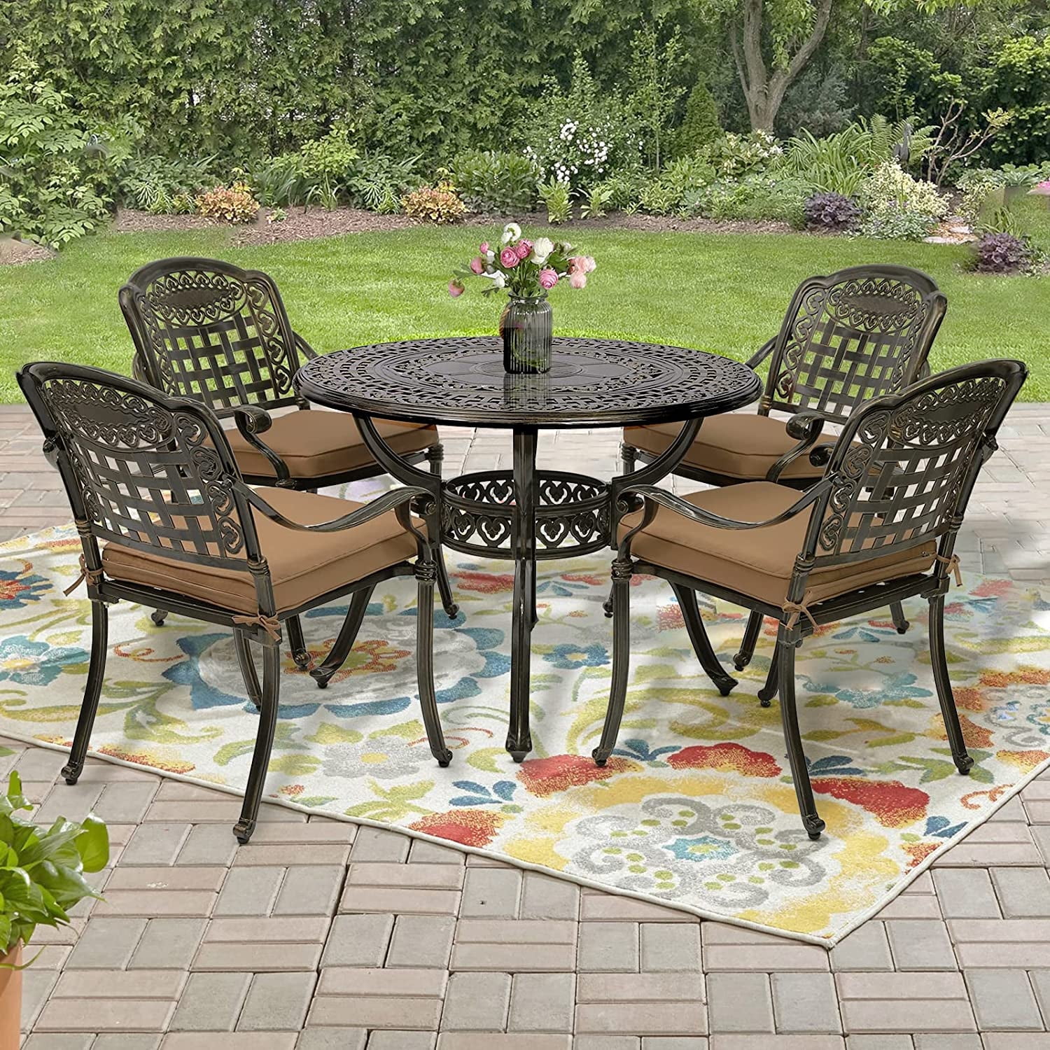 Socialcomfy 5 Cast Aluminum All-Weather Outdoor Conversation Sets, Bronze/Khaki