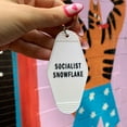 thumbnail image 1 of Socialist Snowflake Keychain in Ivory with Black Lettering feminist motel style key ring, 1 of 6