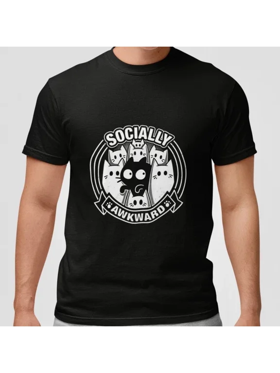 Socially Awkward Cat Introvert Cartoon Graphic Classic Look For Casual Occasions T-Shirt, Size S-5XL