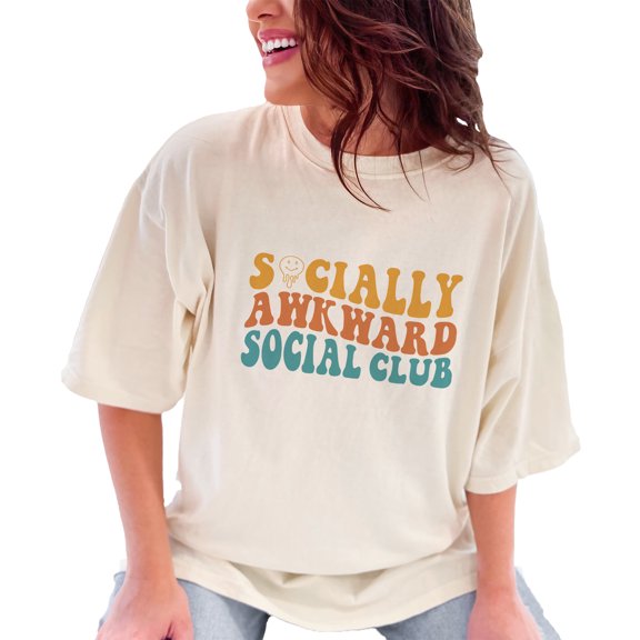 Socially Awkward Social Club, Groovy Retro Wavy Text, Ivory Comfort Colors T-Shirt, XL