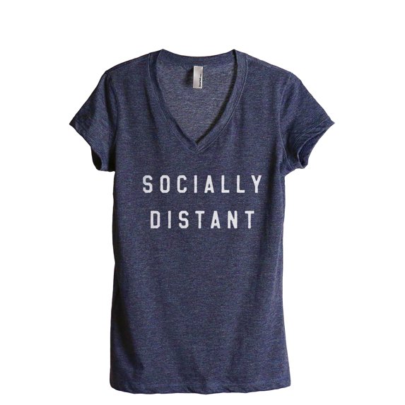 Socially Distant Women's Fashion Relaxed V-Neck T-Shirt Tee Heather Navy Large