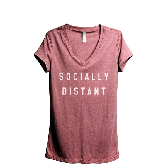Socially Distant Women's Fashion Relaxed V-Neck T-Shirt Tee Heather Rouge Medium