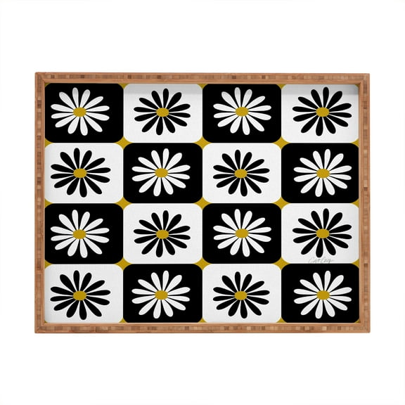 Society6 Cat Coquillette Checkered Daisies Black White Large Rectangle Bamboo Tray