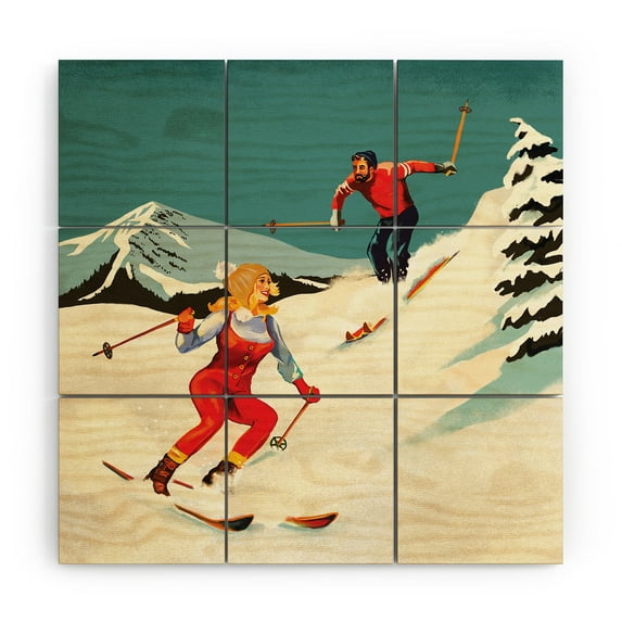 Society6 The Whiskey Ginger Retro Skiing Couple 5' x 5' Wood Wall Mural