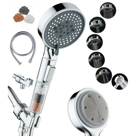 Socila Handheld Shower Head Button On/Off Select High Pressure 6 Spray Mode, Back Massager, Reduces Dry Itchy Skin Chlorine , With Hose & Bracket