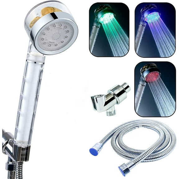 Socila LED Light Shower Head Color Changing With Filter Hose and Base