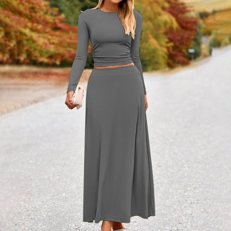 Socisucc Long Sleeve Two Piece Skirt Sets Women 2 Piece Outfits Casual Ribbed Knit Mock Neck Ruched Top Swing Maxi Skirts Walmart