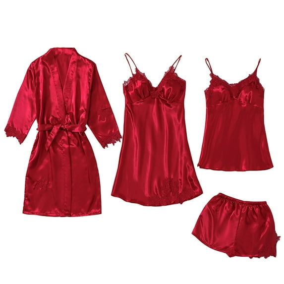Socisucc Wedding Lingerie for Bride Sexy Women's Sleepwear Long Pants+Tops Pajamas Five Piece Set Home