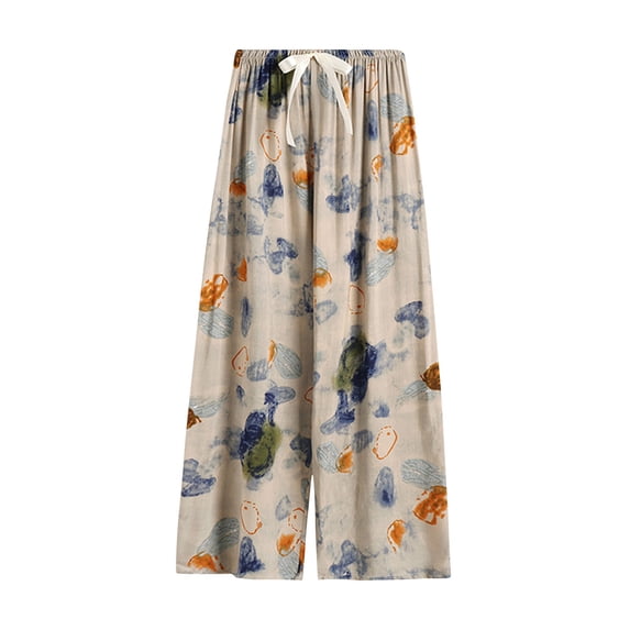 Socisucc Women's Printed Pajama Pants Thin Wide-leg Pants With Drawstring Loose And Can Be Worn Outside Nine-point Trousers