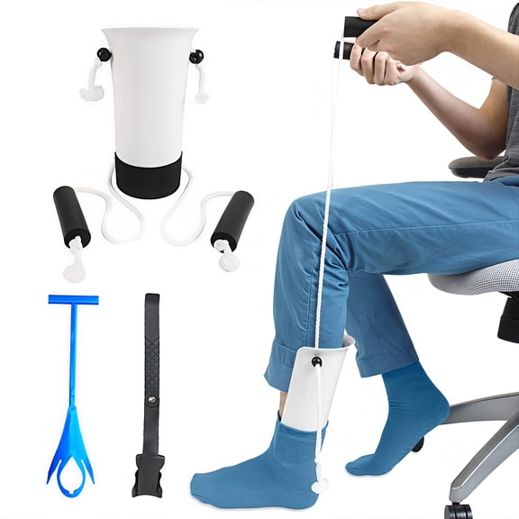 Sock Aid Kit, Flexible Sock Aid Device with Long Rope - Sock Puller aid Easy on and Off Device for Putting On and Removing Socks or Stockings, Sock Helper for Independence and Comfort (White)