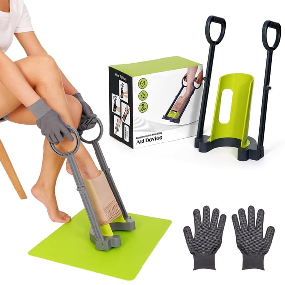 Sock Aid Tool and Sock Remover Kit with Non-Slip Mat, Folding Handle Sock Puller Helper with Gloves, Easy On Easy Off Sock Device for Knee High Socks and Compression Socks