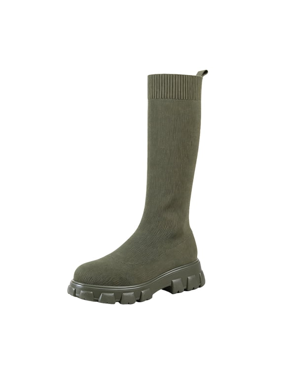Sock Boots for Women Mid Calf Chunky Platform Lug Sole Stretch Knit Shaft Booties 40