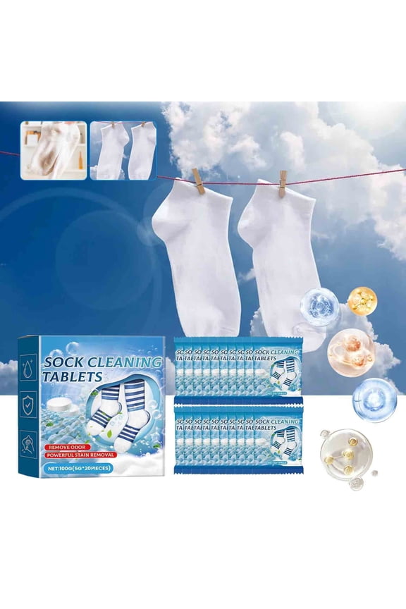 Sock Cleaning Tablets | 20-Pack Multi-Purpose Deep Stain & Odor Removal 100g Fast-Dissolve Eco-Friendly Gentle Formula for Socks, Underwear, Towels, T-Shirts