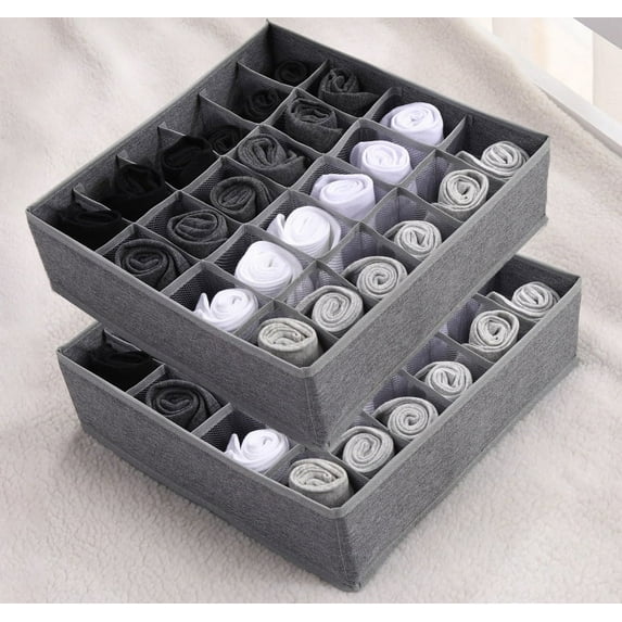 Sock Drawer Organizer, Socks Divider, Underwear Organizer, 24 Cell Collapsible Closet Cabinet Organizer, Underwear Storage Boxes for Storing Socks, Handkerchiefs, Ties, Belts, Light Gray,2 Packs
