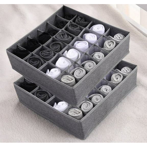 Sock Drawer Organizer, Socks Divider, Underwear Organizer, 24 Cell Collapsible Closet Cabinet Organizer, Underwear Storage Boxes for Storing Socks, Handkerchiefs, Ties, Belts, Light Gray,2 Packs