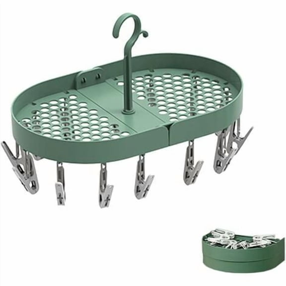 Sock Drying Rack, Hanging Clothes Drying Rack, Foldable, Multifunctional, with 360° Swivel Hook and 14 Clothes Pegs, for Lingerie, Socks, Towels (Green)