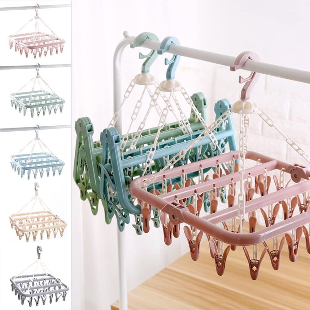 Sock Drying Rack, Plastic Clothes Drying Rack with 32 Windproof Hooks