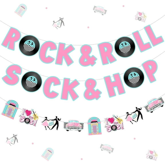 Sock Hop Rock and Roll Banner Garland, 50s Party Decorations, 1950s Theme I Love the 50s Music Themed Birthday Party Supplies Hanging Decors