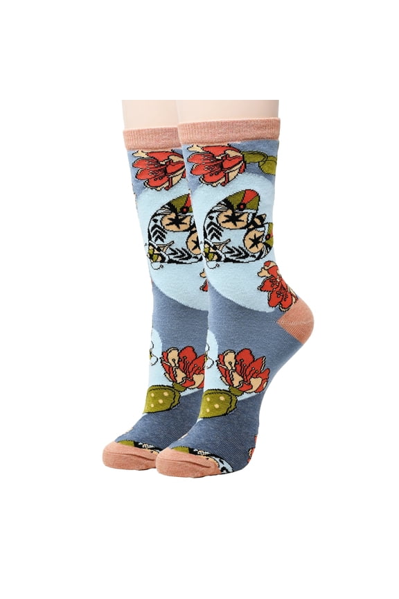 Womens Colorful Patterned Dress Socks, Premium Cotton Casual Fashion Crew Socks, Cactus Breeze