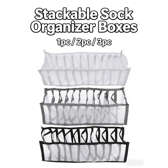 Sock Organizer Boxes Stackable, Drawer Style Mesh Storage for Closet, Multi-Grid Nylon Stockings Holder Case for Home Organization - Black, 2pc