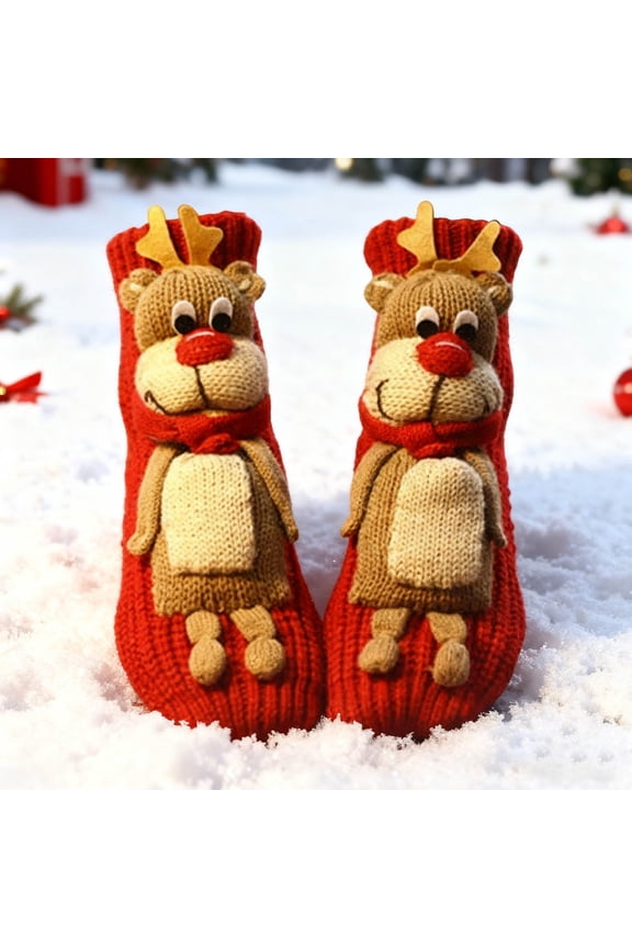 Sock Red Reindeer Knit Animal Socks Hand Crocheted Winter Warm Floor Socks for Christmas Gifts(1 pairPcs) Rkxzt