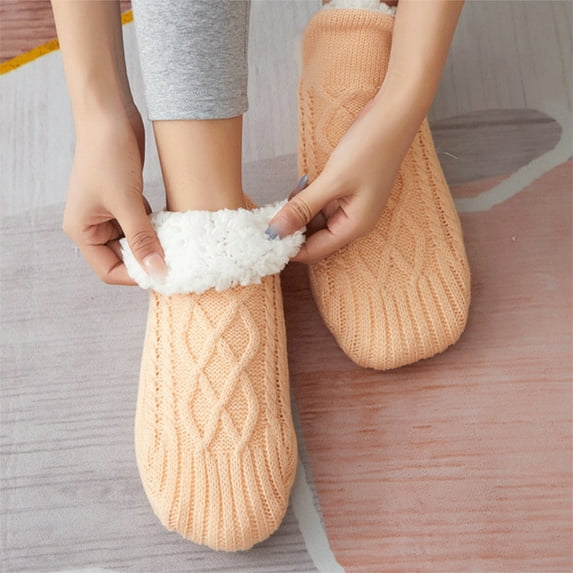 Sock Slippers,Warm Socks for Women,Women Winter Thick Slipper Socks with Grippers Non Slip Warm Fuzzy Socks Christmas Gifts,Women's Super Soft and Warm Fuzzy Fleece-Lined Slipper(Beige L)