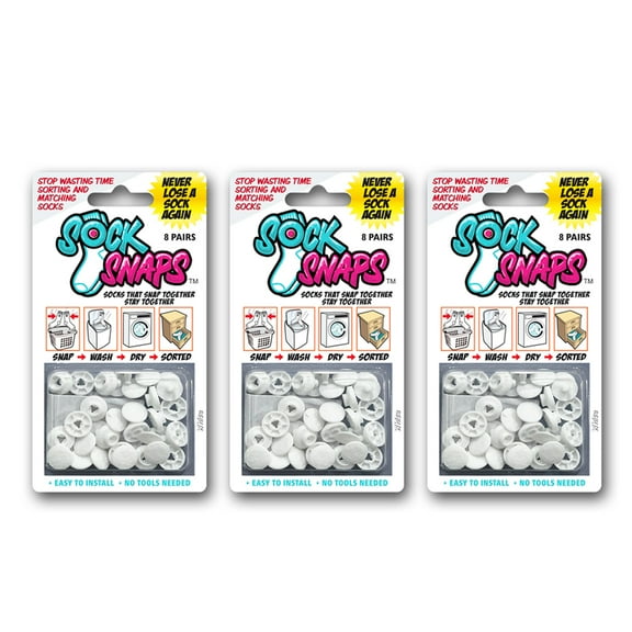 Sock Snaps - Socks Washing Machine Locks - Sock Clips for Washing Machine and Dryer, Socks Organizer for Closet & Sock Keeper - Easy-to-Use Laundry Tool for Washing Socks - 3-Pack Set, 8 Pairs Each