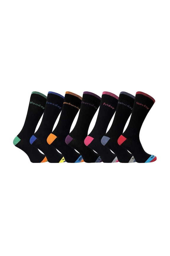 - 7 Pack Mens Black / Coloured Heel & Toe Day of the Week Cotton Socks