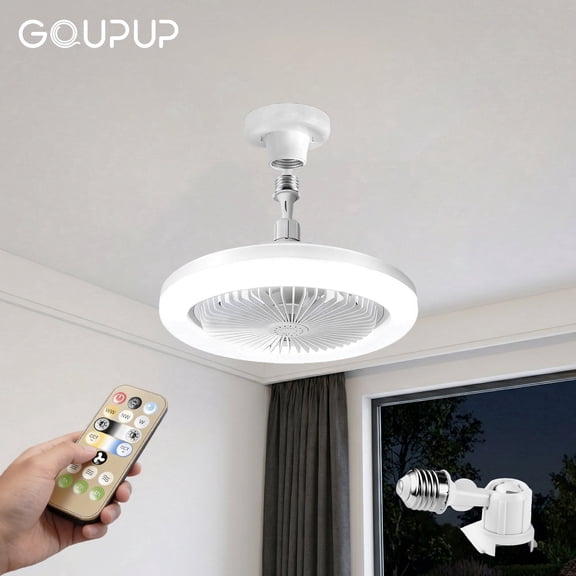GUPUP 11 inch Socket Fan Light, Screw in Ceiling Fan with Light and Remote Control, Dimmable LED, 3 Speeds