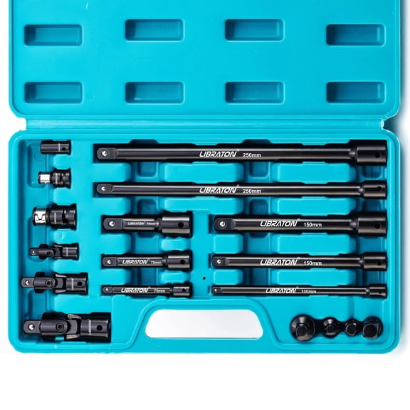 Socket Extension and Ratchet Set 18PCs - Impact Socket Adapters, Swivel Sockets, Professional Drive Accessories - 1/4 3/8 1/2