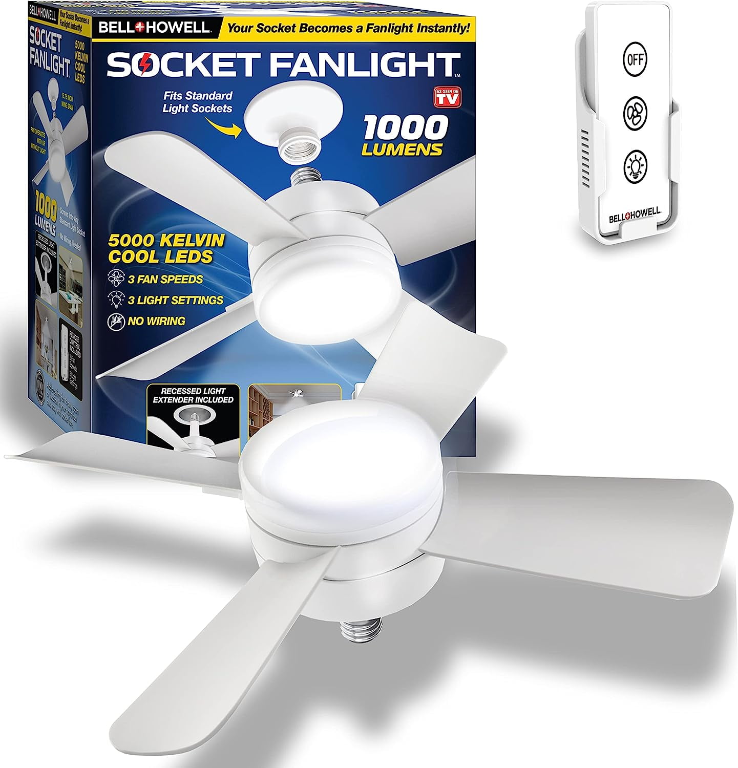 Socket Fan Cool Light Deluxe Model E26/E27 Base, Cordless/Wireless with 15.75” Fan and 1,000