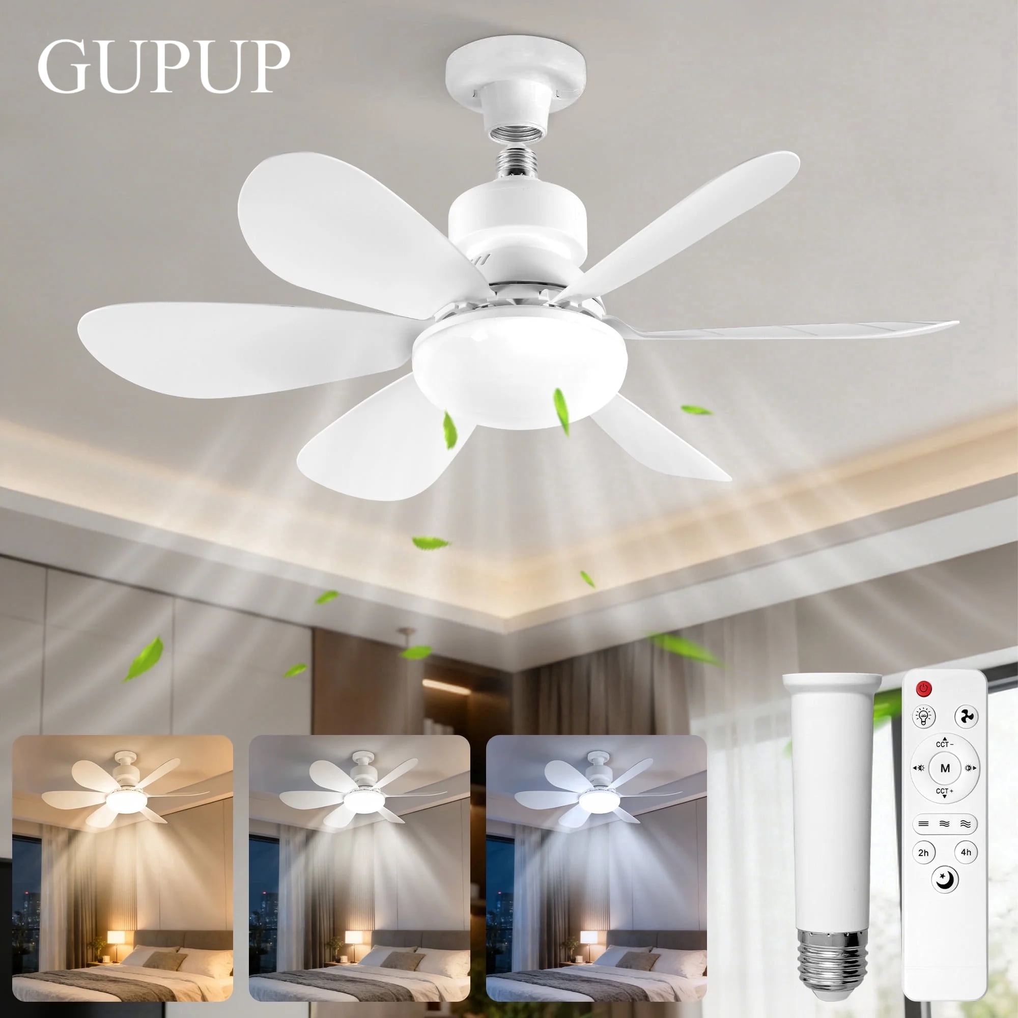 GUPUP Screw-in Ceiling Fans with Lights and Remote Control, 21" Socket Fan Light for Bedroom Patio Living Room, White