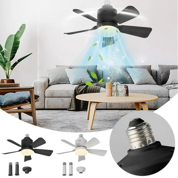 Socket Fan Light Under 5 ! Yannianjz E27 Screw-in Ceiling Fan with Remote 3 Color Dimmable LED Light for Small Rooms Bedroom Office Quiet Reversible Motor 3 Speed Easy Installation