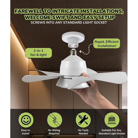 Socket Fan Light Ceiling Fans with Lights and Remote, Dimmable LED Ceiling Fan with Lights, 3 Colors 3000K-6500K, 1000 Lumens Light Bulb Screw in Ceiling Fan for Bedroom, Kitchen, Living Room, Closet